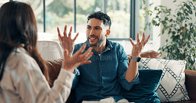 Buy stock photo Couple, living room and dispute with anxiety, stress and drama in home or apartment. Frustrated, woman and man with argument, angry and fight with toxic marriage and mistake or crisis with partner