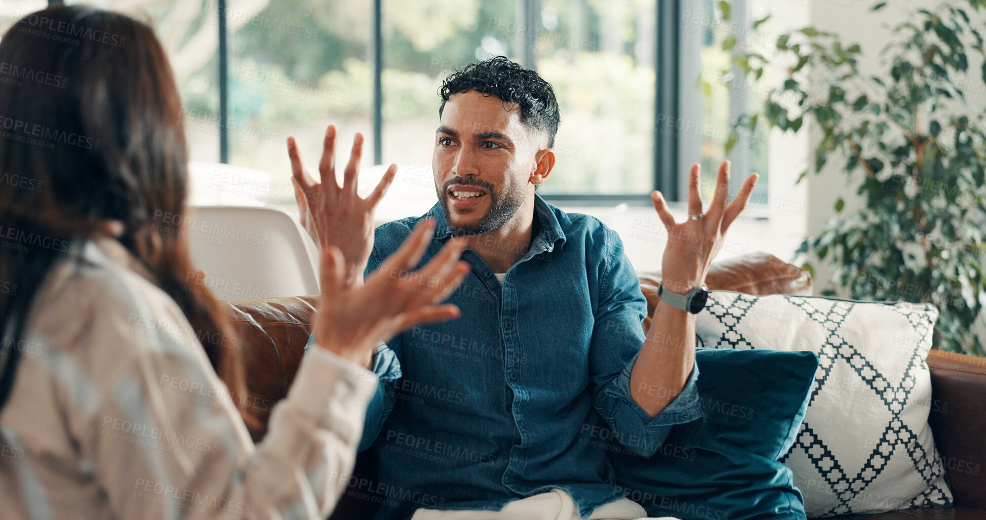 Buy stock photo Couple, living room and dispute with anxiety, stress and drama in home or apartment. Frustrated, woman and man with argument, angry and fight with toxic marriage and mistake or crisis with partner