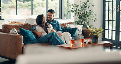 Buy stock photo Hug, relax and smile with couple on sofa in living room of home together for bonding or connection. Love, wellness and weekend with happy people embracing in apartment for commitment or relationship