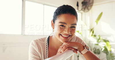Buy stock photo Happy, ballet and portrait of woman with barre in studio for training, choreography and practice. Ballerina, smile and person with confidence for dance routine, technique and performance for recital