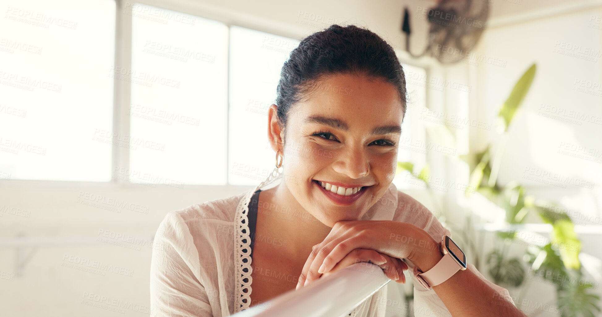 Buy stock photo Happy, ballet and portrait of woman with barre in studio for training, choreography and practice. Ballerina, smile and person with confidence for dance routine, technique and performance for recital