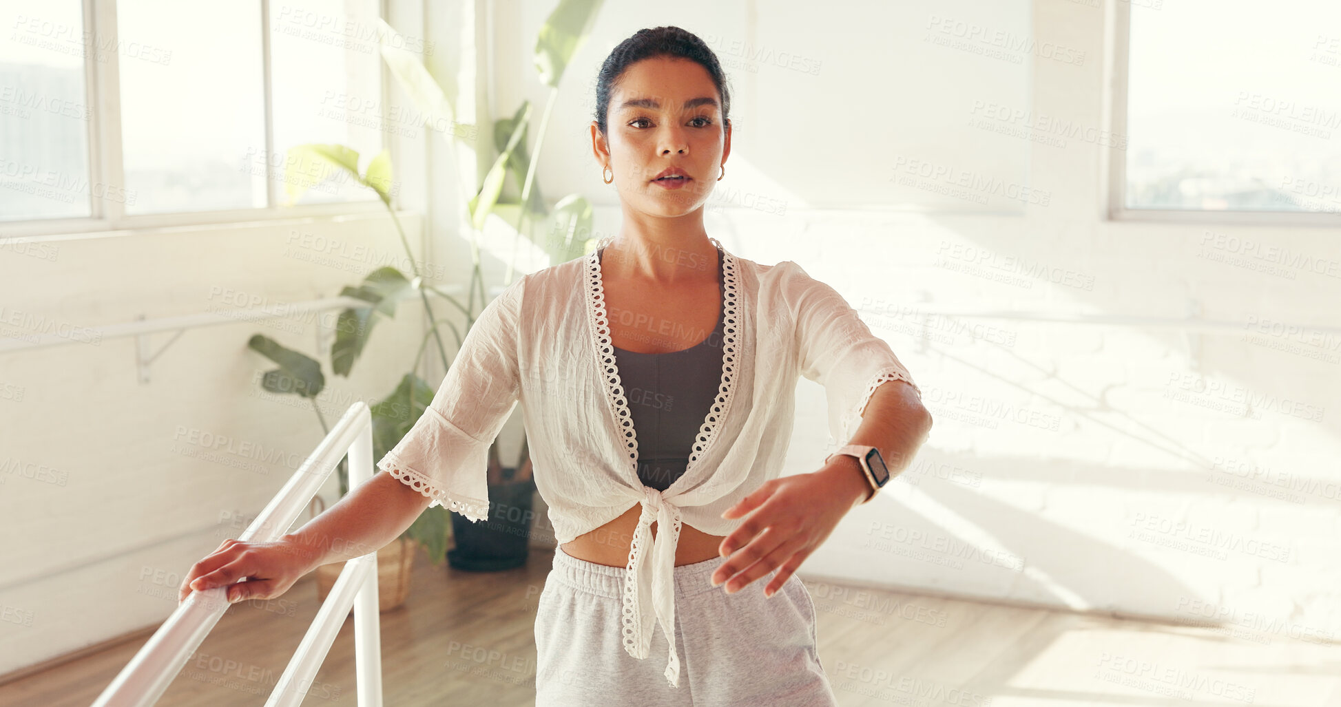 Buy stock photo Woman, ballet and balance with rail in studio for practice performance or dance routine. Female person, dancer or ballerina with barre, choreography or posture for technique, stability or support