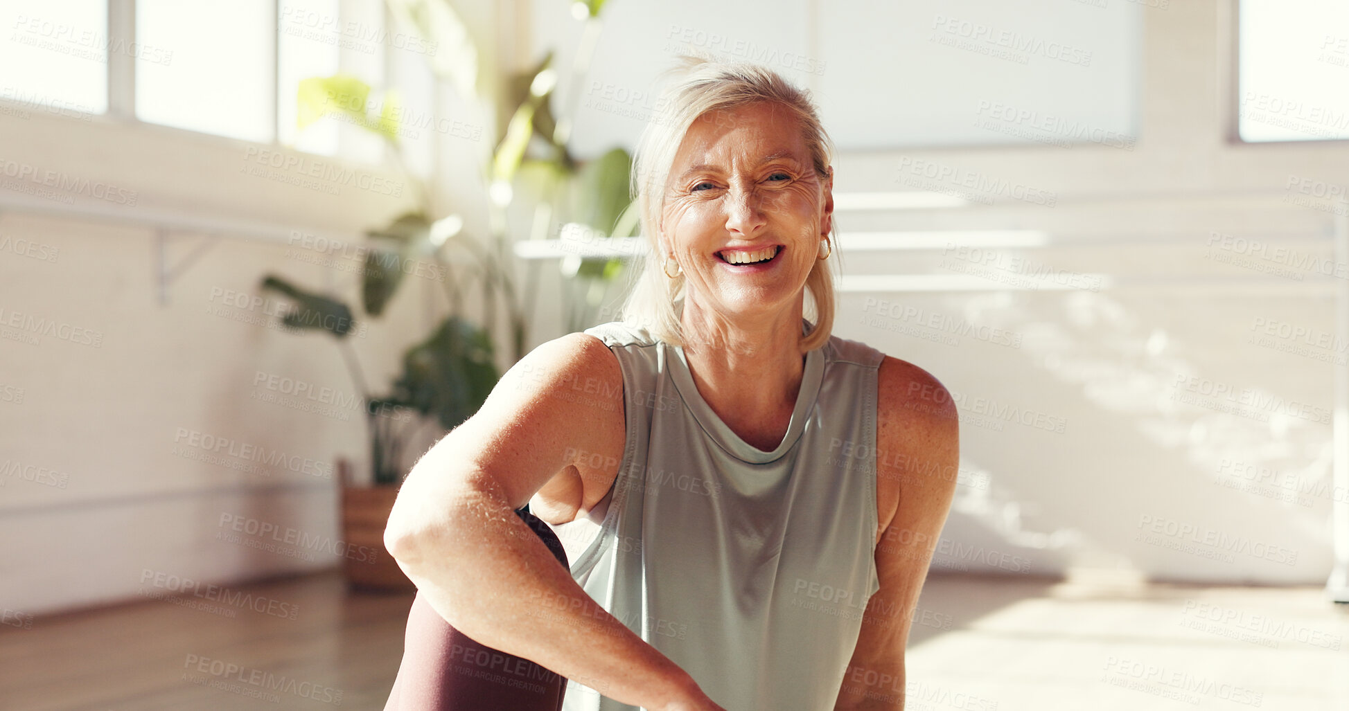 Buy stock photo Portrait, yoga and senior woman in studio for fitness, health and rest for holistic exercise. Smile, yogi and person in club for peace, laugh or relax for pilates break with wellness in gym in Canada