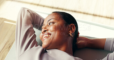 Buy stock photo Gym, peace and woman on mat, resting and smile on floor, thinking or wellness with pilates or tired. Above, break and black person in health club, reflection and happy for complete workout or fitness