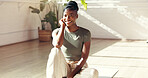 Portrait, yoga and happy black woman in gym for fitness, health and rest for holistic exercise. Smile, yogi and person in club for peace, calm and pilates break on floor with wellness in studio