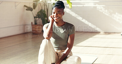 Buy stock photo Portrait, yoga and happy black woman in gym for fitness, health and rest for holistic exercise. Smile, yogi and person in club for peace, calm and pilates break on floor with wellness in studio