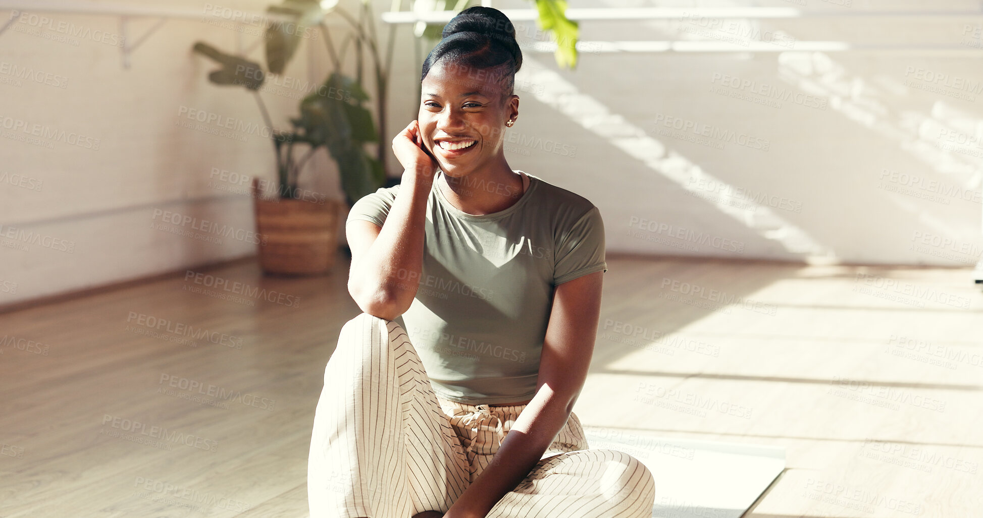 Buy stock photo Portrait, yoga and happy black woman in gym for fitness, health and rest for holistic exercise. Smile, yogi and person in club for peace, calm and pilates break on floor with wellness in studio
