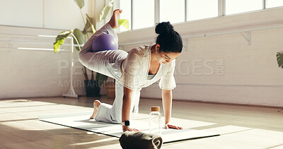 Buy stock photo Woman, balance and medicine ball with mat in studio for pilates, yoga or stability exercise. Active, female person and support with object for physical activity, posture or stretching in health club