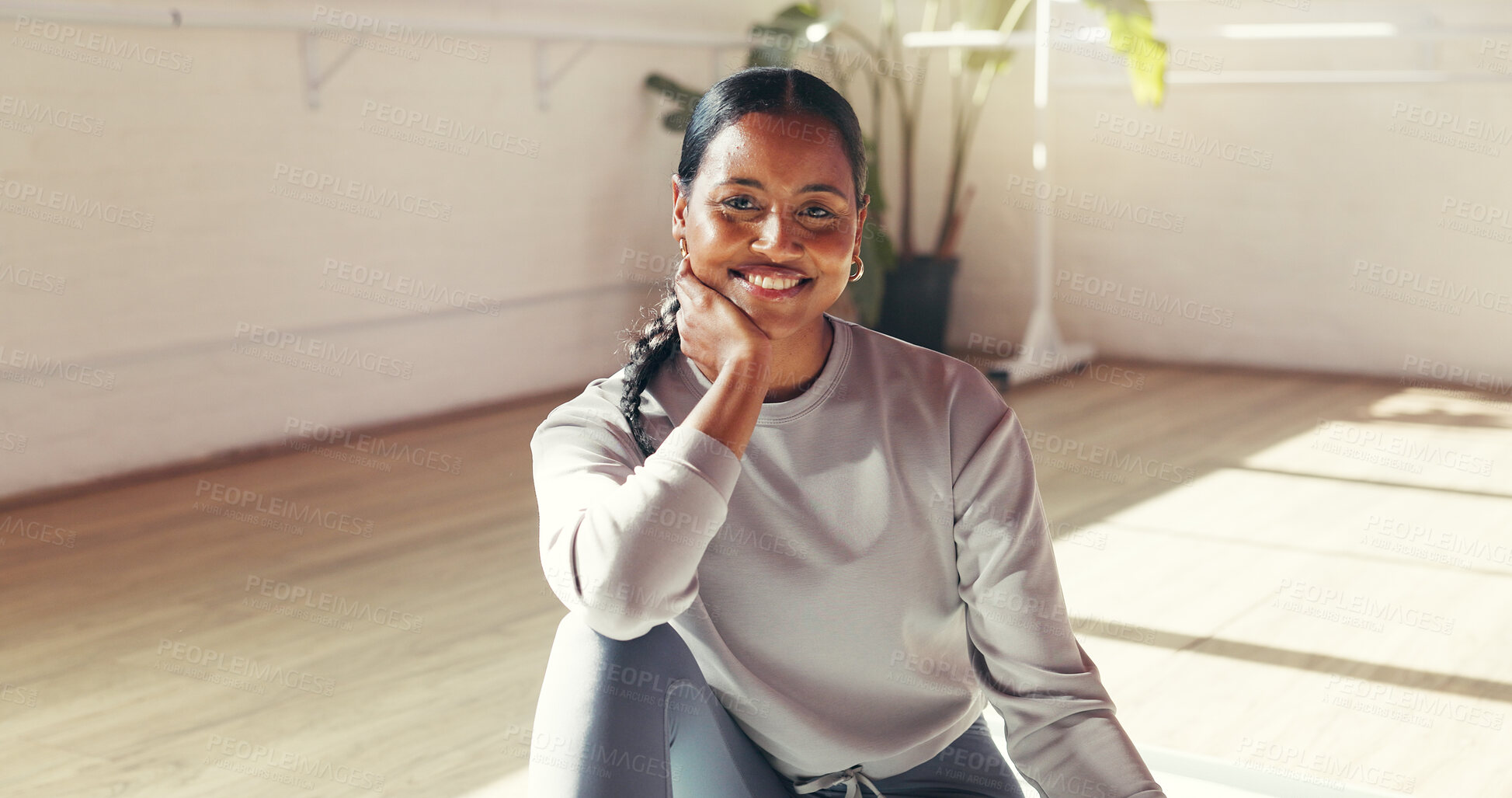 Buy stock photo Portrait, yoga and happy woman in gym for fitness, health and rest for holistic exercise. Smile, yogi and person in club for peace, calm and relax for pilates break on floor with wellness in studio