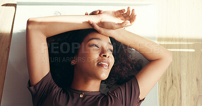 Buy stock photo Break, thinking and woman on mat, gym and tired on floor, smile or wellness with pilates or fitness. Above, peace and person in health club, resting and happy for complete workout routine or fatigue