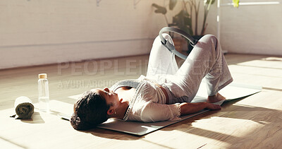 Buy stock photo Woman, exercise and floor with pilates ring for fitness, strength training and strong muscle. Female person, mat and resistance circle for glutes workout, body balance and core stability for wellness