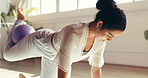 Woman, fitness and training with ball, gym or workout for wellness, core stability or glute kickback. Exercise, routine and person with balance for hamstring strength, body care and health club