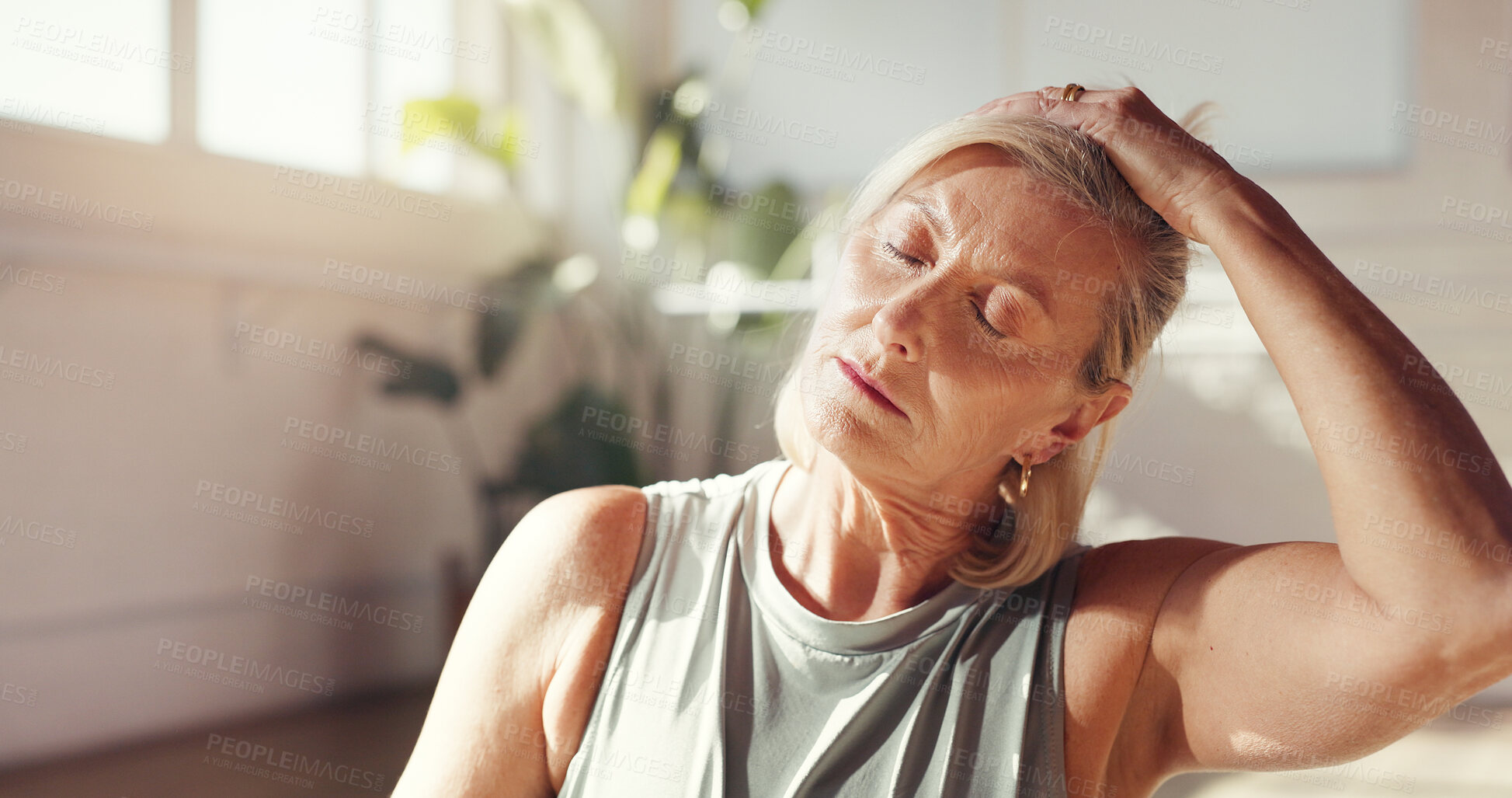 Buy stock photo Yoga, meditation and old woman in studio, stretching and chakra with wellness, zen and mindfulness. Pensioner, yogi and mature person with stress relief, health and peaceful with warm up and fitness