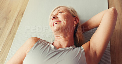 Buy stock photo Thinking, mature woman and relax from yoga, fitness break and cool down from exercise. Smile, female person and rest with zen practice, stress relief and muscle recovery for pilates hobby of wellness