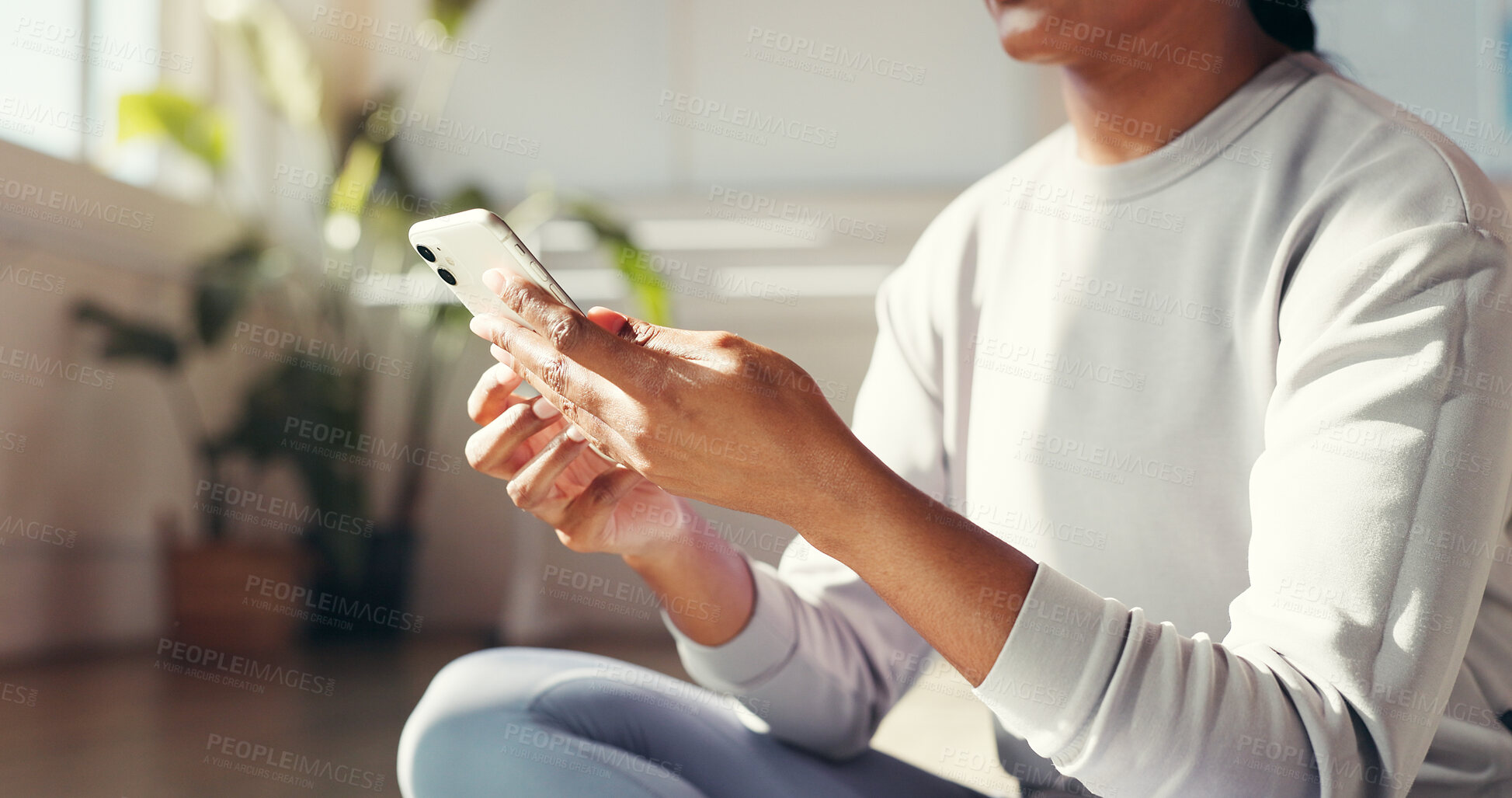Buy stock photo Yoga, hands and woman with phone on floor for social media, online health app and workout progress. Morning, pilates studio and person on smartphone for internet, typing message and exercise website