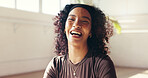 Portrait, woman and laugh in class for yoga, fitness break and funny joke of holistic exercise. Smile, female person and relax for zen practice, stress relief and muscle recovery for pilates wellness