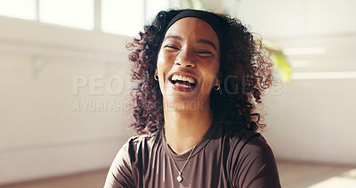 Buy stock photo Portrait, woman and laugh in class for yoga, fitness break and funny joke of holistic exercise. Smile, female person and relax for zen practice, stress relief and muscle recovery for pilates wellness