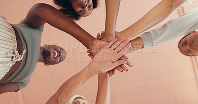 Buy stock photo Fitness, hand stack and motivation with woman friends in studio together for pilates class from below. Circle, exercise and unity with group of people in health club for bonding, training or wellness