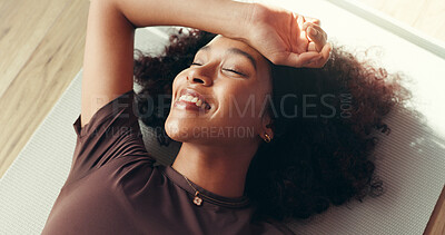 Buy stock photo Break, smile and woman on mat, gym and tired on floor, fitness or wellness with pilates or exercise. Above, peace and person in health club, resting and happy for complete workout routine or fatigue