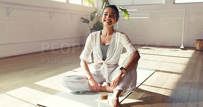 Buy stock photo Portrait, yoga and happy woman in studio for fitness, health and rest for holistic exercise. Smile, yogi and person in club for peace, calm and relax for pilates break on floor with wellness in gym