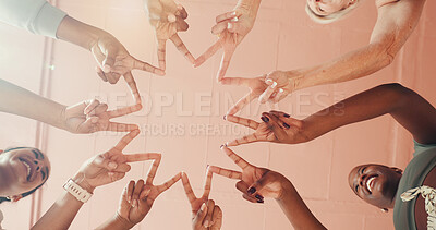 Buy stock photo Fingers, fitness and motivation with woman friends in studio together for pilates class from below. Connection, exercise and star with group of happy people in health club for bonding or wellness