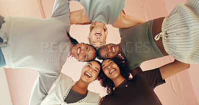 Buy stock photo Fitness, huddle and portrait of woman friends in studio together for pilates class from below. Circle, exercise and smile with group of happy people in health club for bonding, training or wellness