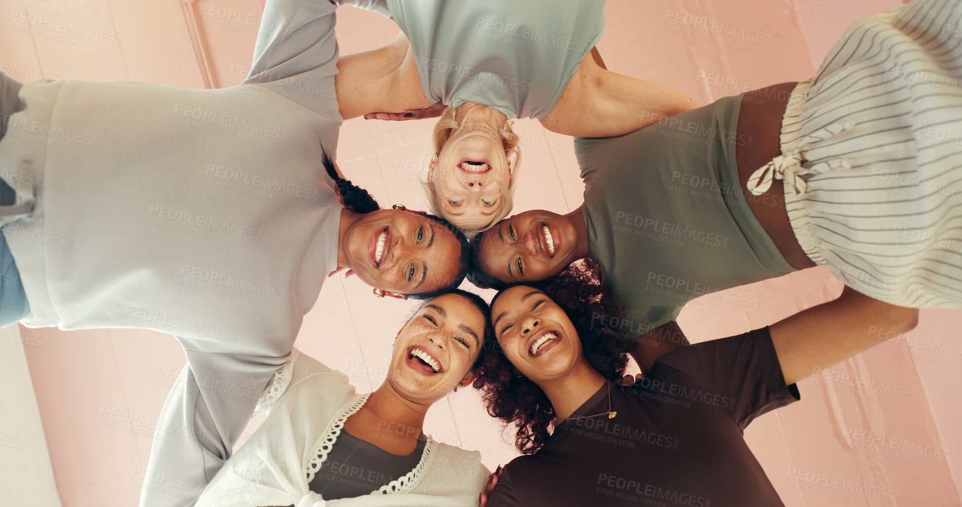 Buy stock photo Fitness, huddle and portrait of woman friends in studio together for pilates class from below. Circle, exercise and smile with group of happy people in health club for bonding, training or wellness