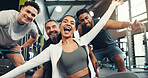 Fitness, happy and portrait of friends in gym with smile for exercise, training and workout trainers. Sports center, excited and men and woman with confidence for wellness, health club and support