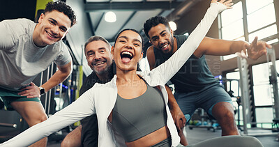 Buy stock photo Fitness, happy and portrait of friends in gym with smile for exercise, training and workout trainers. Sports center, excited and men and woman with confidence for wellness, health club and support