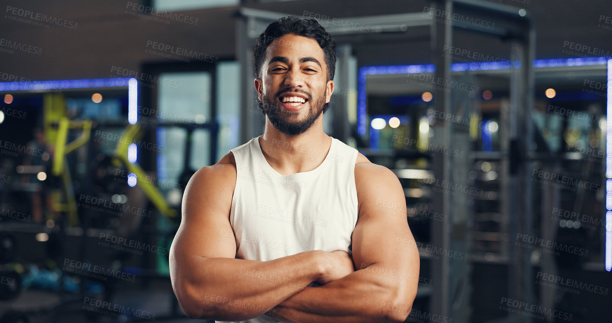 Buy stock photo Crossed arms, fitness and portrait of man in gym with confidence for workout, bodybuilding or training. Health, personal trainer and male person from Mexico with pride for exercise in sports center.