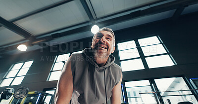 Buy stock photo Training, fatigue and man in gym, sweating and wellness with break, workout and challenge. Happy, health center and mature person with exercise, tired and exhausted with smile, resting and fitness