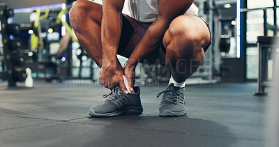 Buy stock photo Ankle injury, fitness and hands of person in gym for physical training or workout accident. Exercise, legs and pain with hurt athlete in health club for emergency, joint inflammation or sprain