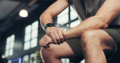 Buy stock photo Hands, wrist pain and man in gym, training or fibromyalgia with carpal tunnel syndrome. Closeup, health center or person with workout, osteoporosis or joint injury with muscle tension or inflammation