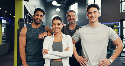 Buy stock photo Fitness, happy and portrait of people in gym with smile for exercise, training and workout routine. Sports center, friends and men and woman with confidence for wellness, health club and support