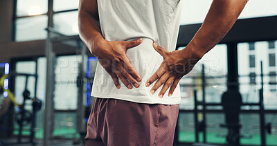 Buy stock photo Hip, pain and fitness with hands of person in gym for sports injury, inflammation and accident. Wellness, muscle ache and bruise with athlete in workout club for fibromyalgia, emergency and sprain