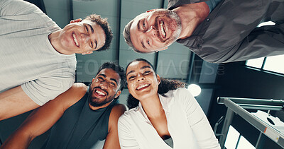 Buy stock photo Portrait, team and group in gym, athlete or happy for fitness, exercise and commitment for wellness. Bodybuilder, unity and people with smile for membership in health club, low angle and friends