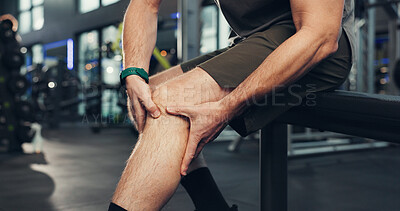 Buy stock photo Exercise, knee pain and hands of person in gym for physical training or workout accident. Fitness, injury and legs with hurt athlete in health club for emergency, joint inflammation or strain