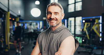 Buy stock photo Fitness, man or arms crossed with portrait at gym for bodybuilding, health training or about us. Personal trainer, mature person or happy at sports club for exercise, workout and wellness instructor