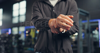 Buy stock photo Hands, wrist pain and man in gym, exercise and fibromyalgia with muscle tension, joint injury or sprain. Closeup, health center and person with training, osteoporosis and carpal tunnel syndrome