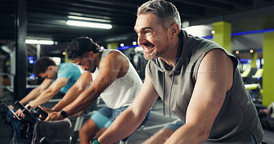 Buy stock photo Spin class, exercise and people in gym on bicycle for fitness, cardio workout and intense training. Sports center, cycling and men on stationary bike for endurance challenge, health and wellness