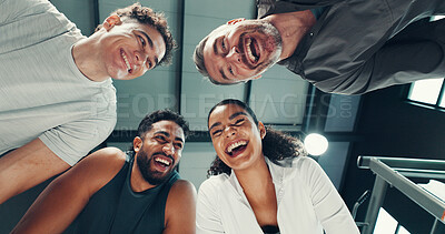 Buy stock photo Fitness, below and portrait of people in gym with smile for exercise, training and workout routine. Sports center, friends and men and woman laugh together for wellness, health club and support