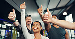 Thumbs up, fitness and group of people in gym with achievement, goals or motivation for workout. Happy, health and athletes with approval gesture for exercise, wellness or training in sports center.