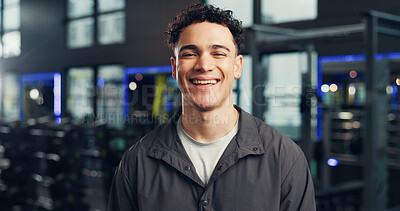Buy stock photo Happy man, portrait or fitness with instructor in gym for membership or facility service. Male person, associate or confident coach with smile for personal training, help or guidance in health club