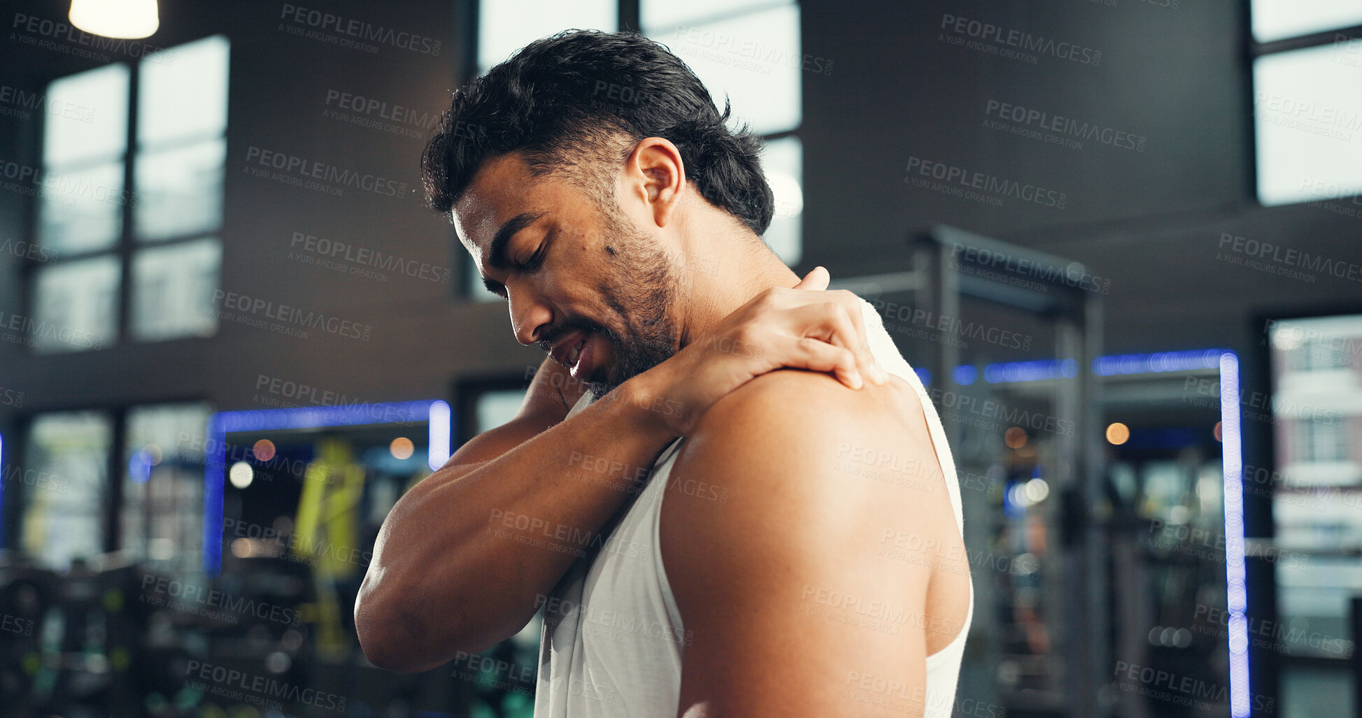 Buy stock photo Shoulder pain, exercise and man in gym, joint injury and inflammation with muscle tension. Massage, fractured and person in health center, discomfort and strain with training accident or fibromyalgia