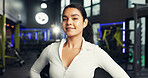 Personal trainer, fitness and woman with smile at gym for training routine, workout or portrait. Health coach, athlete and happy at sports club for about us confidence, wellness or ready for exercise