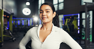 Buy stock photo Personal trainer, fitness and woman with smile at gym for training routine, workout or portrait. Health coach, athlete and happy at sports club for about us confidence, wellness or ready for exercise