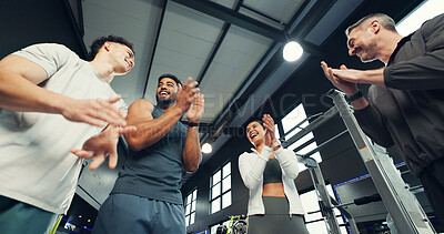 Buy stock photo Fitness, group and happy with applause at gym for exercise progress, training victory and low angle. Sports club, people and celebration for teamwork goals, workout achievement and wellness support