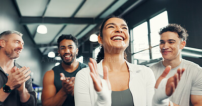 Buy stock photo Fitness, happy and people in gym with applause for exercise, training and workout goals. Sports center, friends and men and woman clapping hands to celebrate for wellness, health club and support