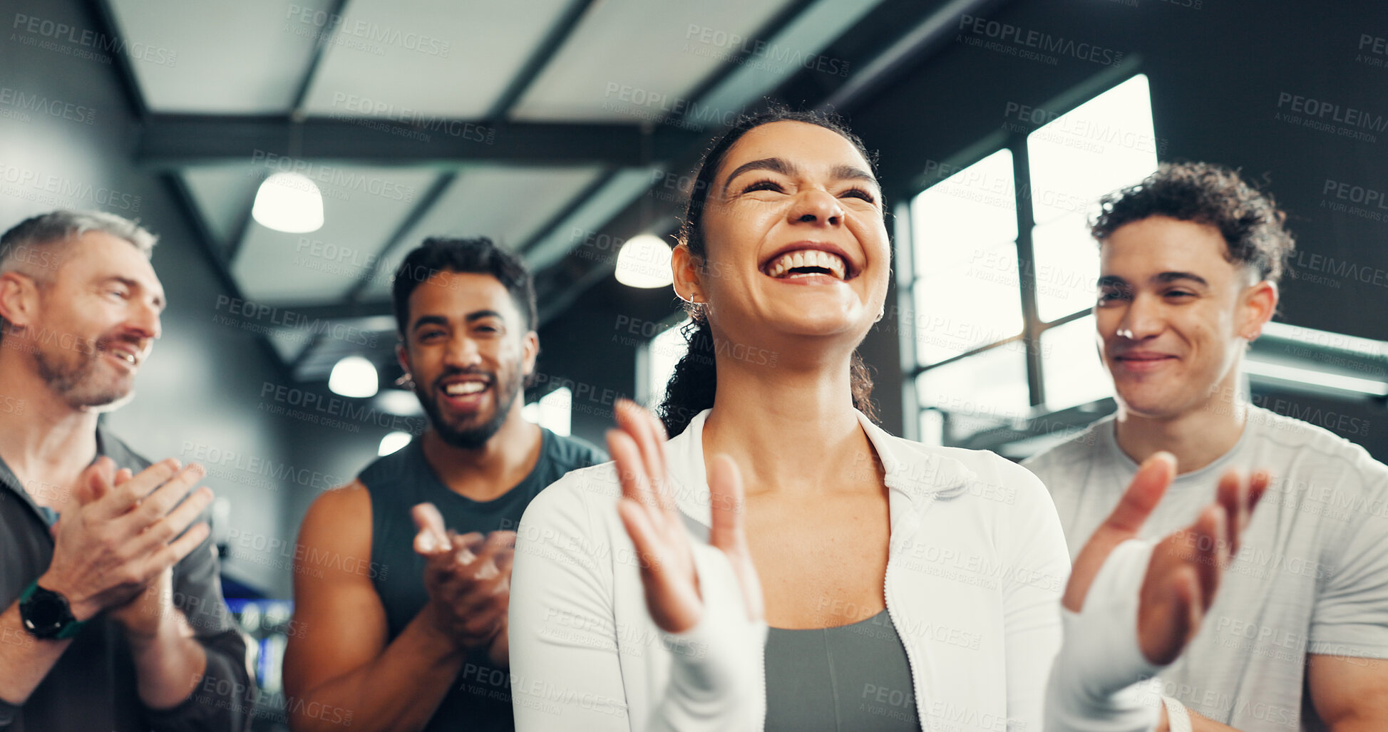 Buy stock photo Fitness, happy and people in gym with applause for exercise, training and workout goals. Sports center, friends and men and woman clapping hands to celebrate for wellness, health club and support