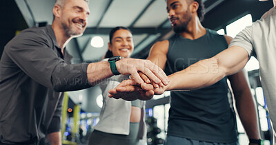 Buy stock photo Fitness, people or group with hands together at gym for exercise support, victory or workout goals. Happy, athlete and teamwork with huddle at sports club for training milestone or wellness community